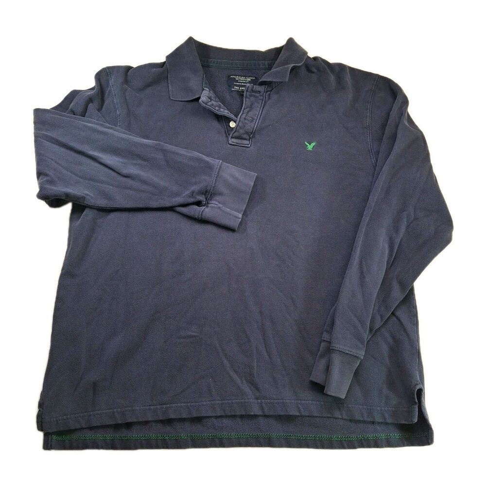 Vtg AE Outfitters Sz L The Eagle Polo Long Sleeve Shirt Men's Navy Green Trim